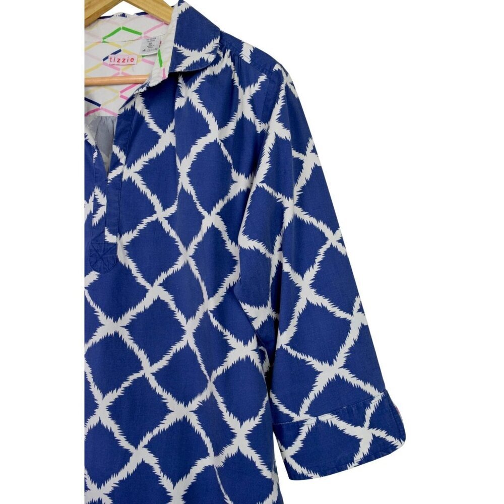 TIZZIE NAVY WHITE CONTRAST PATTERN V-NECK COLLARED SHIRT DRESS - Picture 3 of 7
